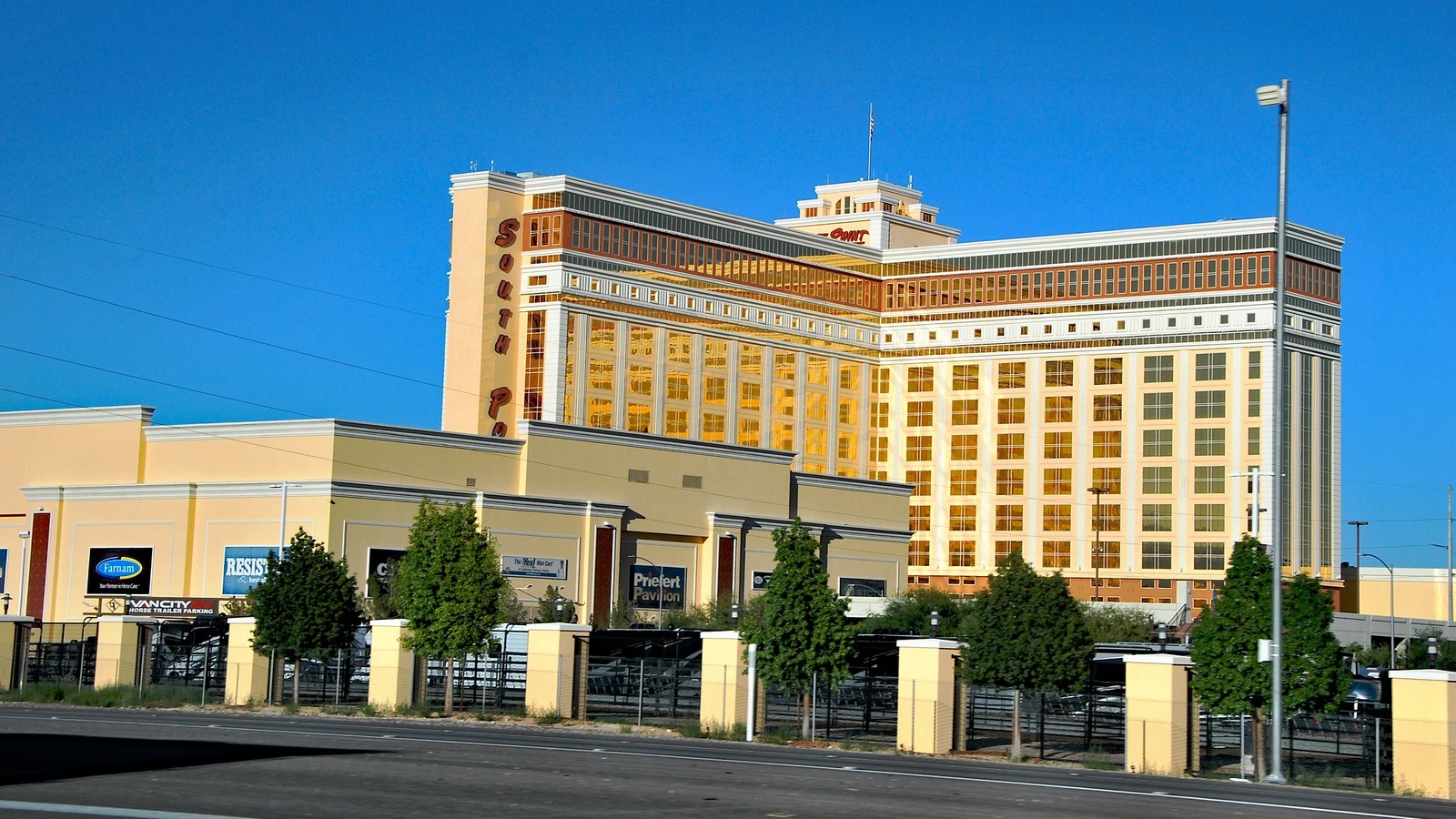 South Point hotel exterior and adjacent event-property buildings in a 2023 photograph; not current wayfinding.