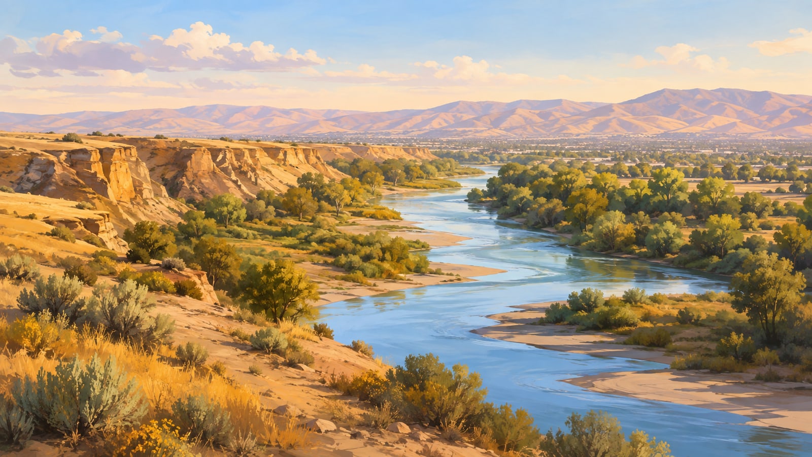 Editorial illustration of a river corridor, golden bluffs, and dry Central Valley vegetation near Bakersfield