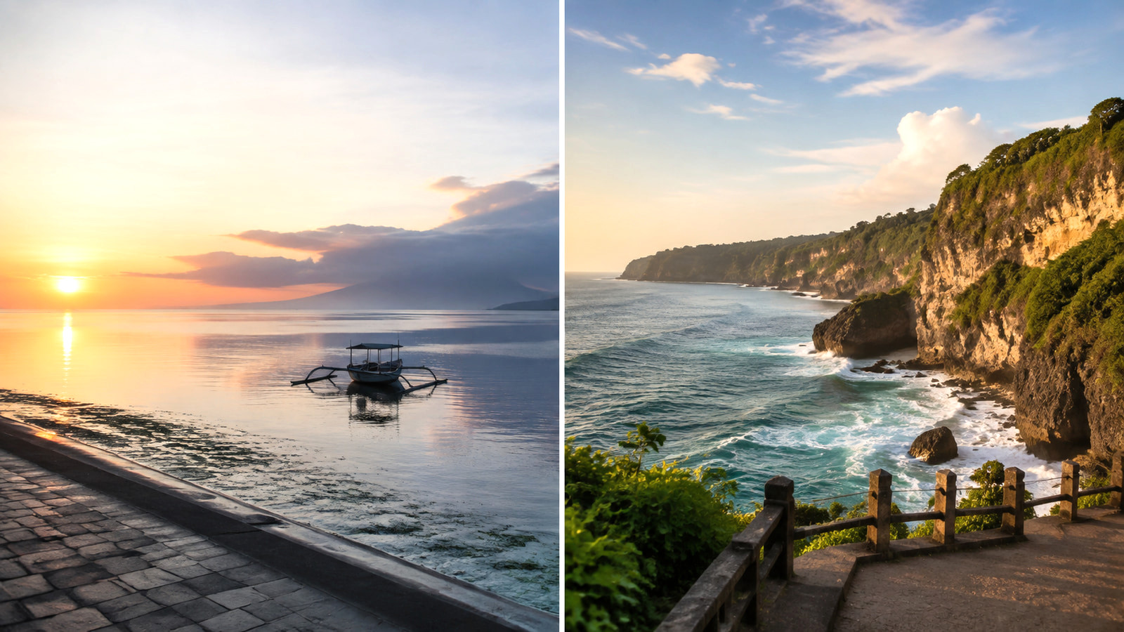 Illustrative comparison of a calm Sanur sunrise coast and a rugged South Bali shore