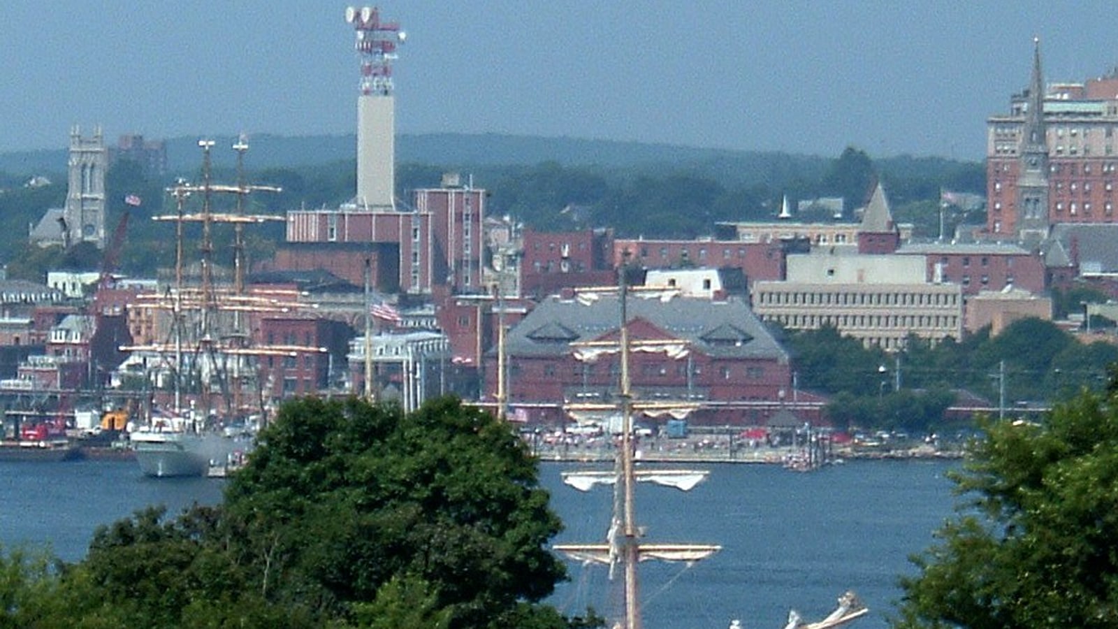 New London skyline and waterfront across the Thames River
