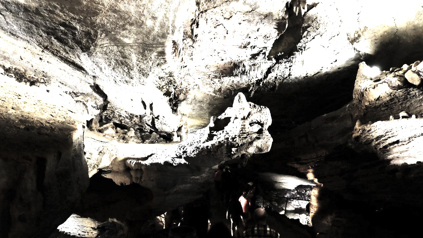 Illuminated underground cavern passage on a guided Forbidden Caverns tour near Sevierville Tennessee