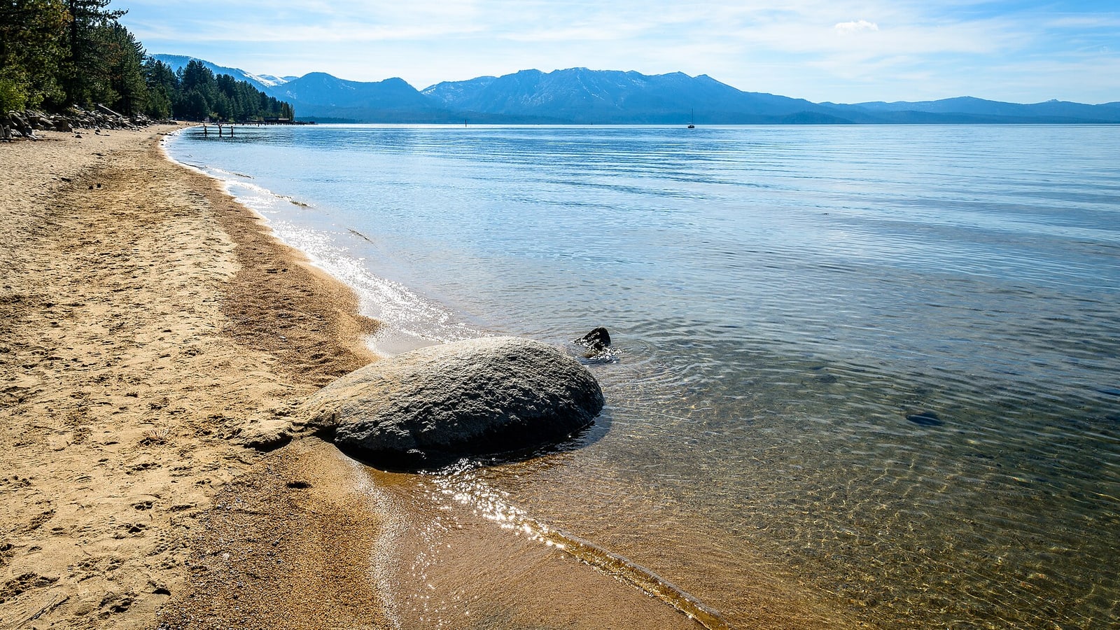 Lake Tahoe beach and mountain skyline in South Lake Tahoe