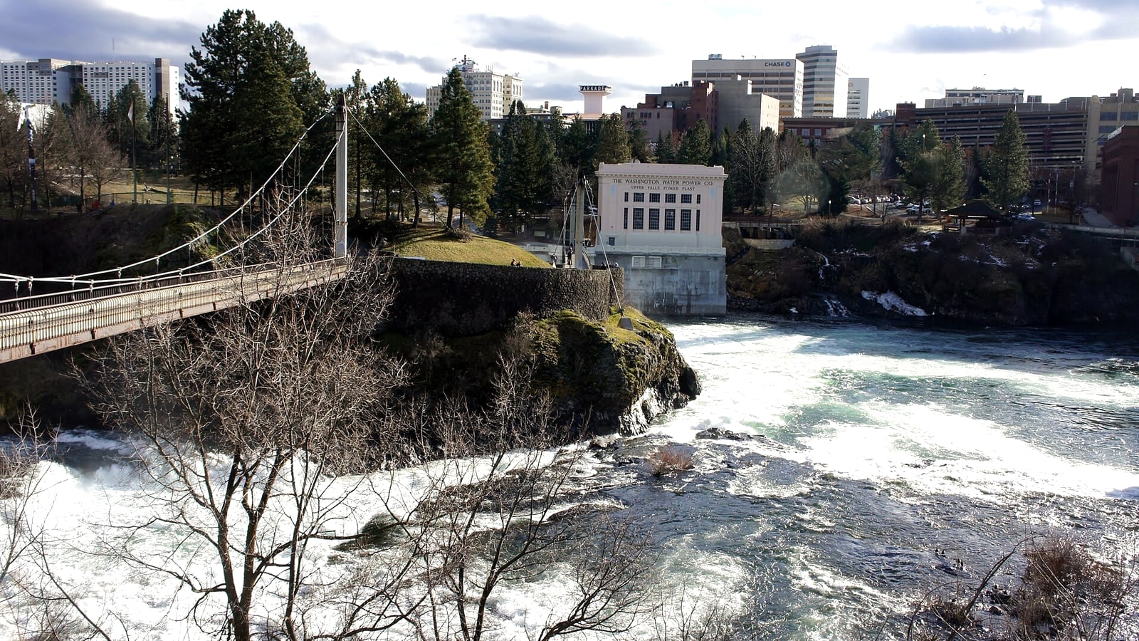 Spokane Falls and footbridges in Riverfront Park in downtown Spokane Washington
