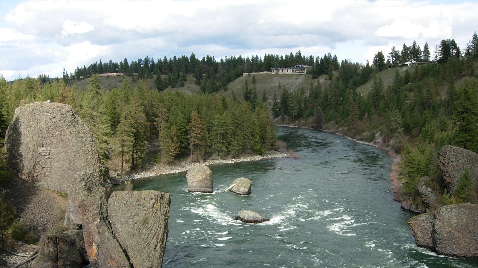 Suspension bridge and basalt formations at Bowl and Pitcher in Riverside State Park Washington