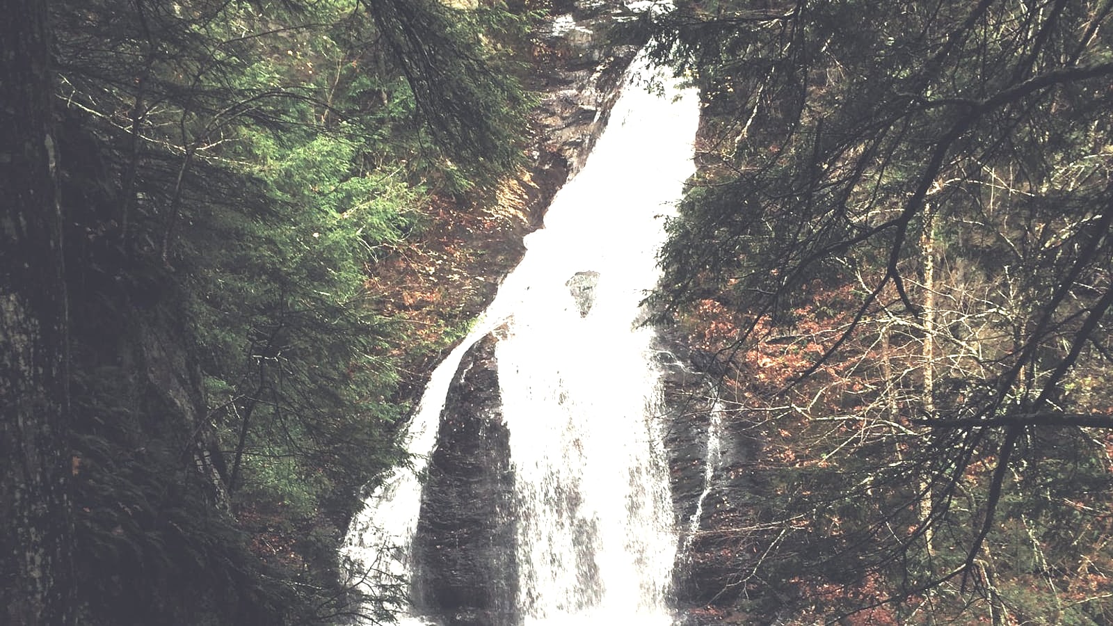 Moss Glen Falls cascading through forest near Stowe