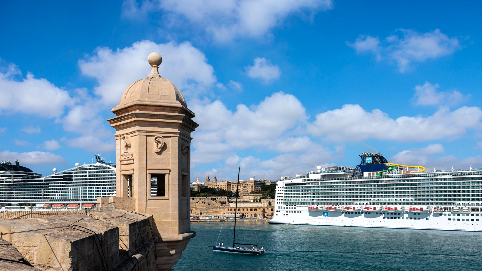 Cruise ship at Valletta waterfront viewed from the city fortifications