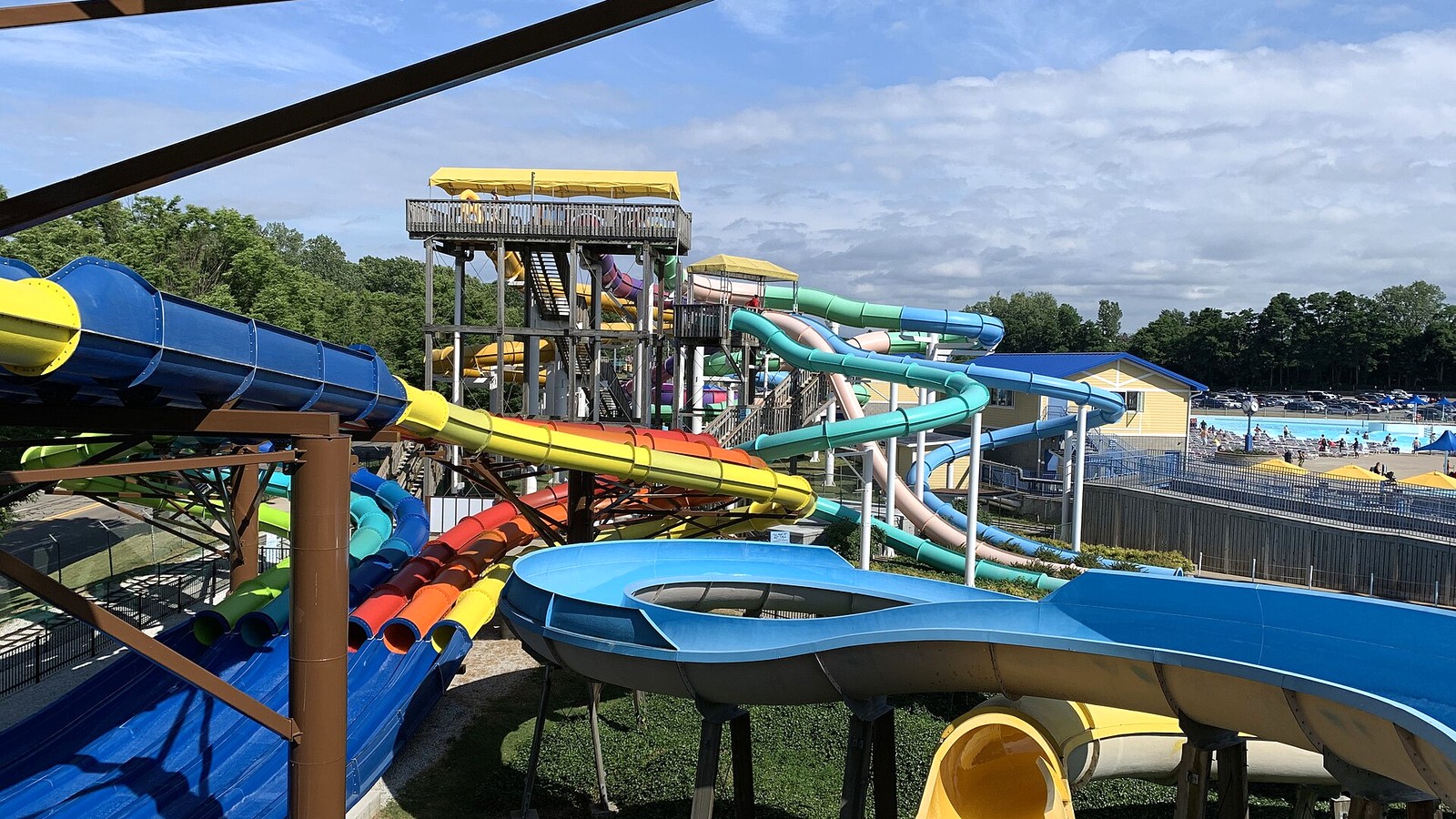 Water World slide complex with Liquid Lightning, Cannon Bowl, and other slides at Waldameer
