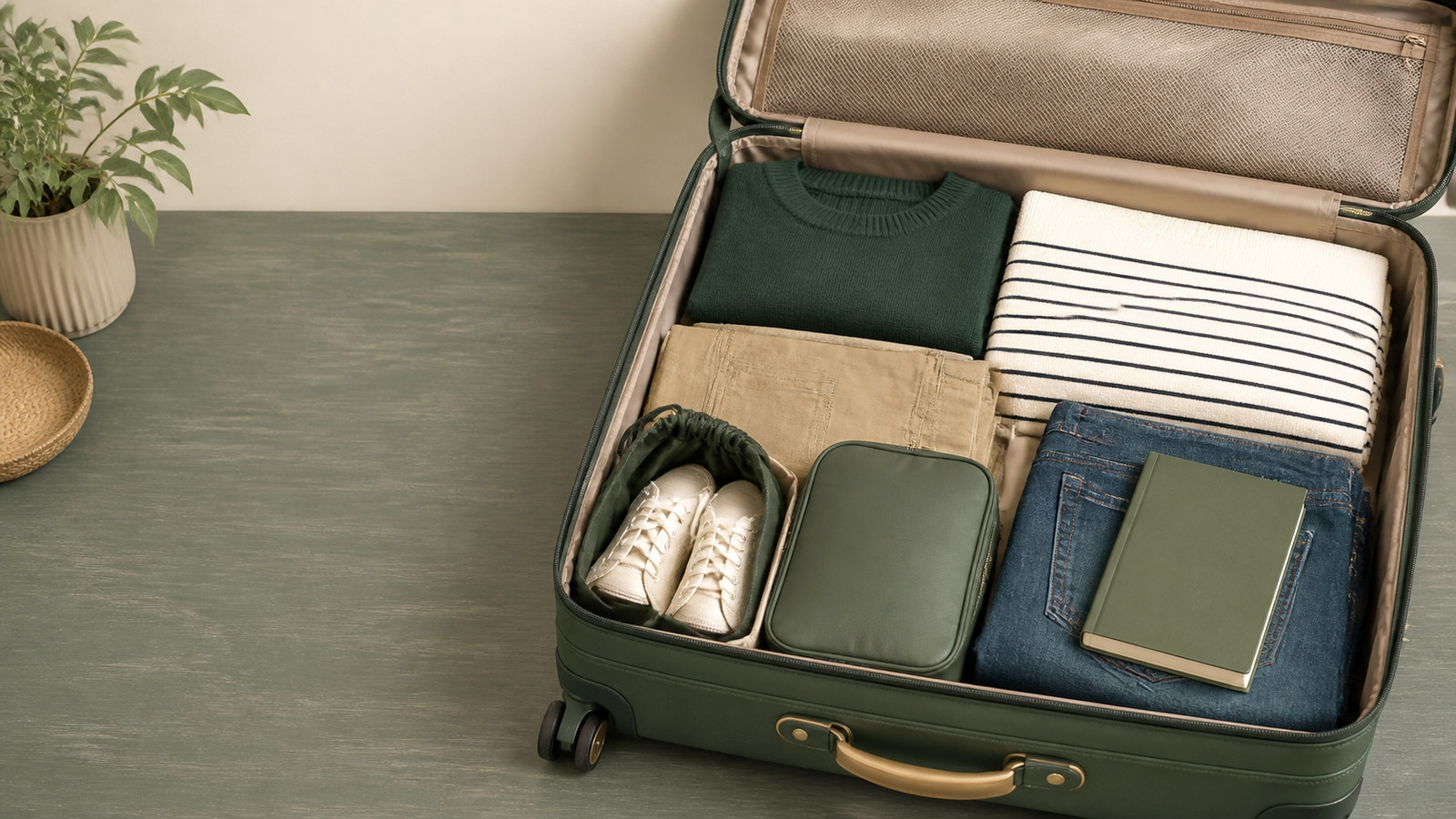 Open checked suitcase packed with clothes, shoes, and a sealed toiletry organizer