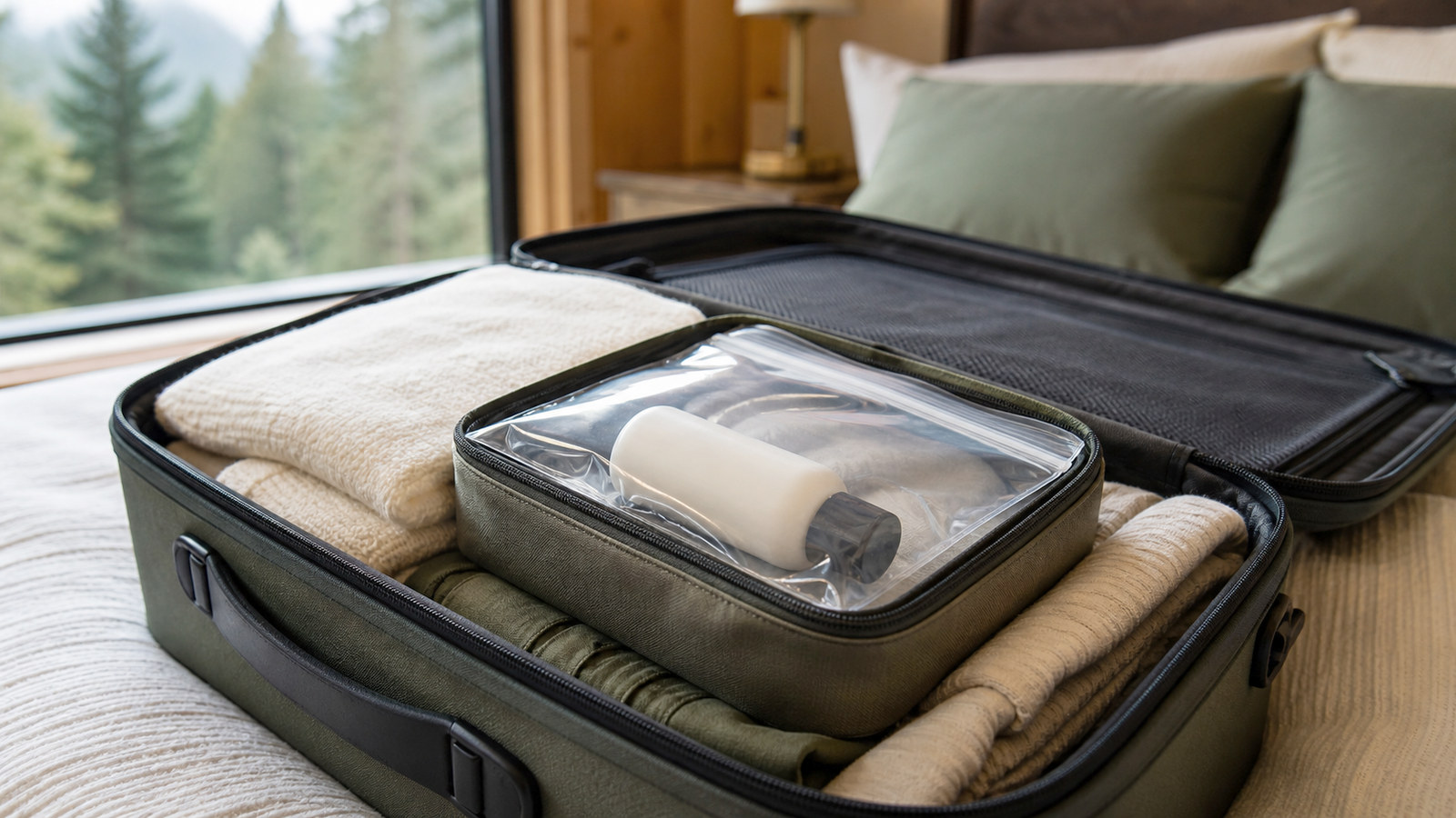Travel toiletry bottle secured in a transparent organizer inside a suitcase