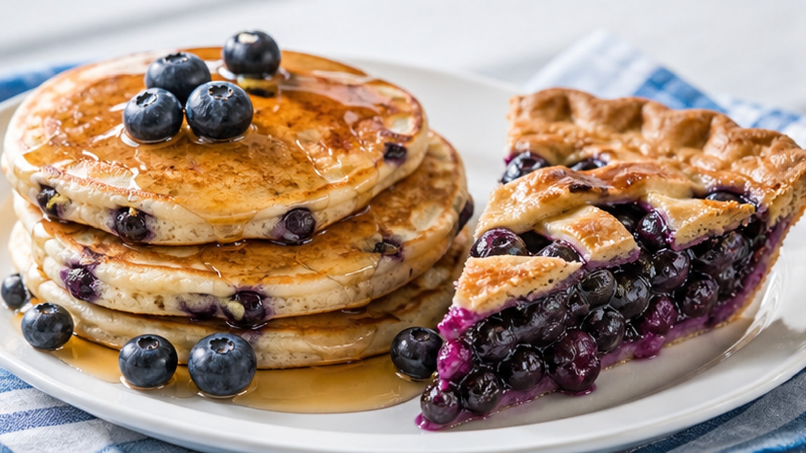 Representative generated editorial blueberry pancakes with blueberry pie