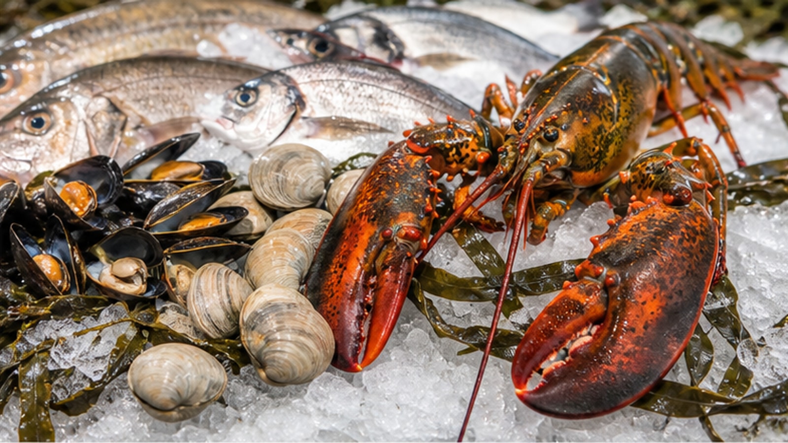 Representative generated editorial Maine seafood display with lobster, fish, mussels, and clams
