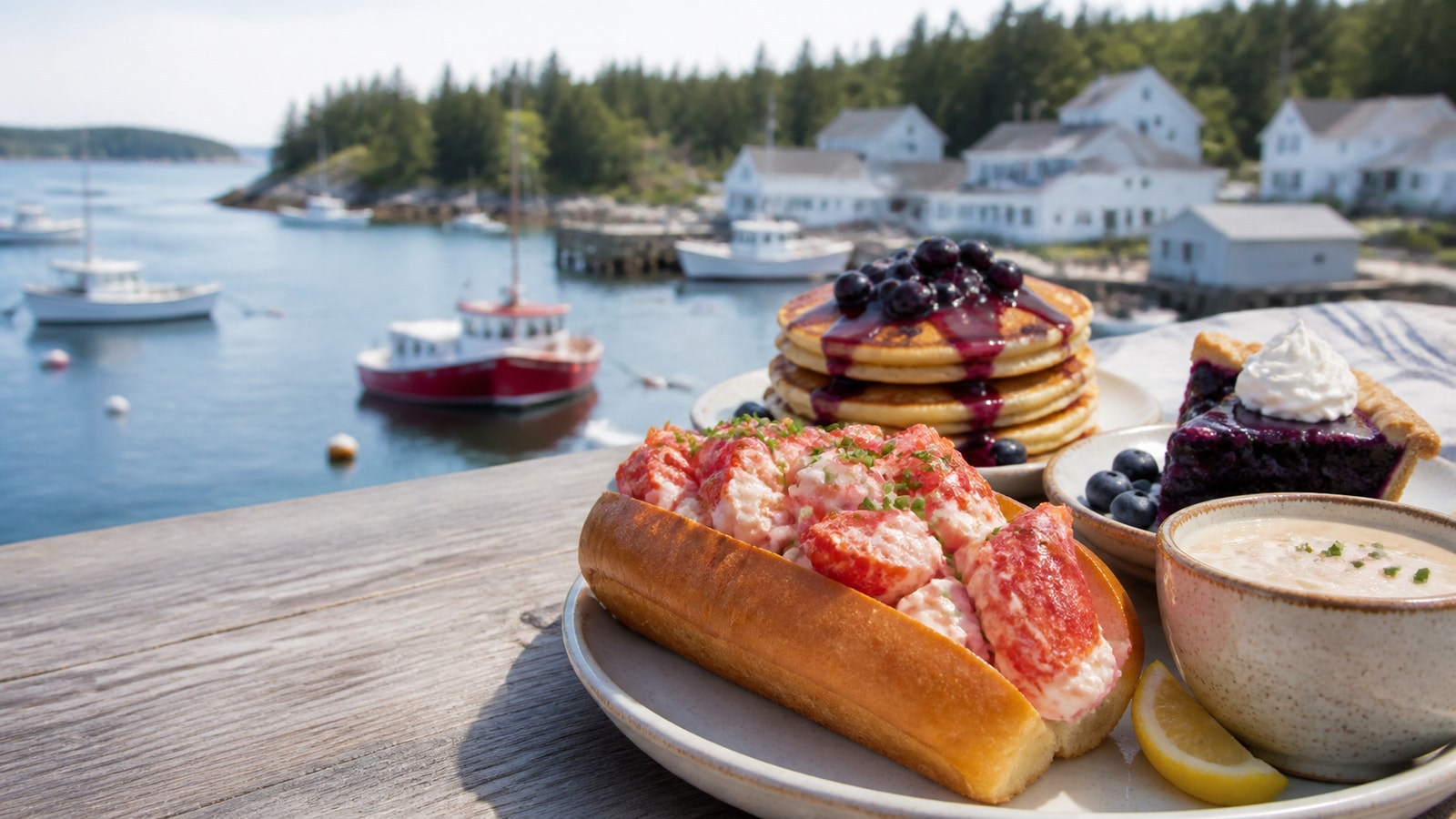 Representative Bar Harbor food table with a lobster roll, clam chowder, blueberry pancakes, and blueberry pie