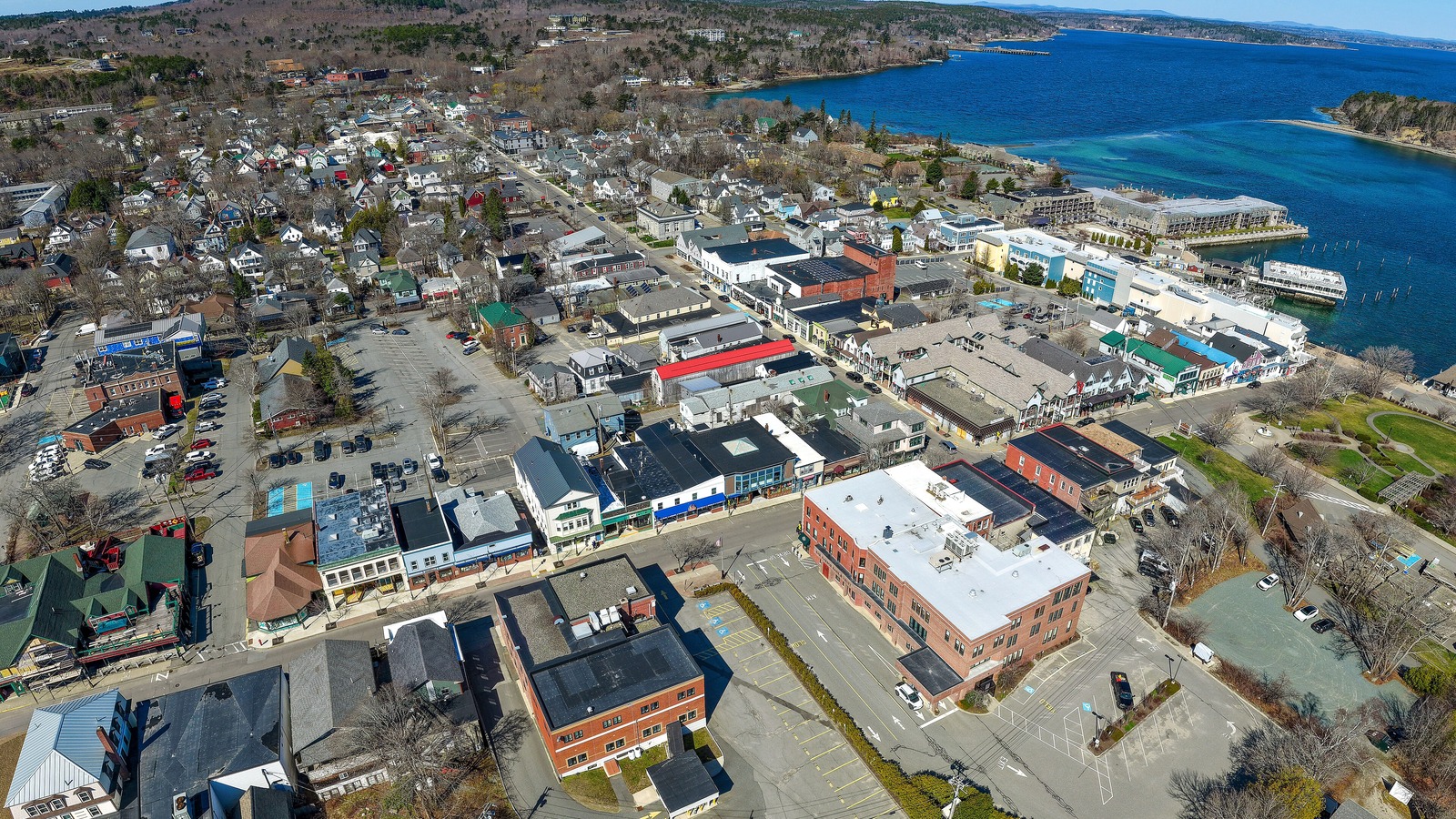 Aerial view of Bar Harbor, Maine, and its compact waterfront center