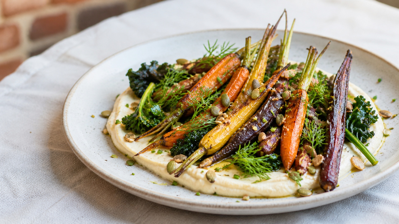 Representative vegetable-led plate with roasted heritage carrots, greens, white bean puree, seeds, and herbs