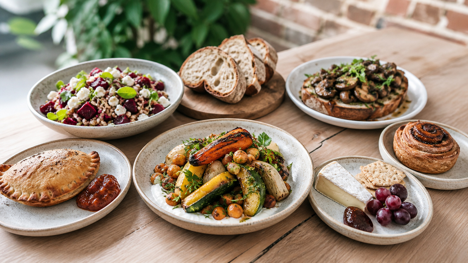Representative Bristol-inspired spread with roasted vegetables, beet salad, savory pie, sourdough, mushroom toast, cheese, and pastry