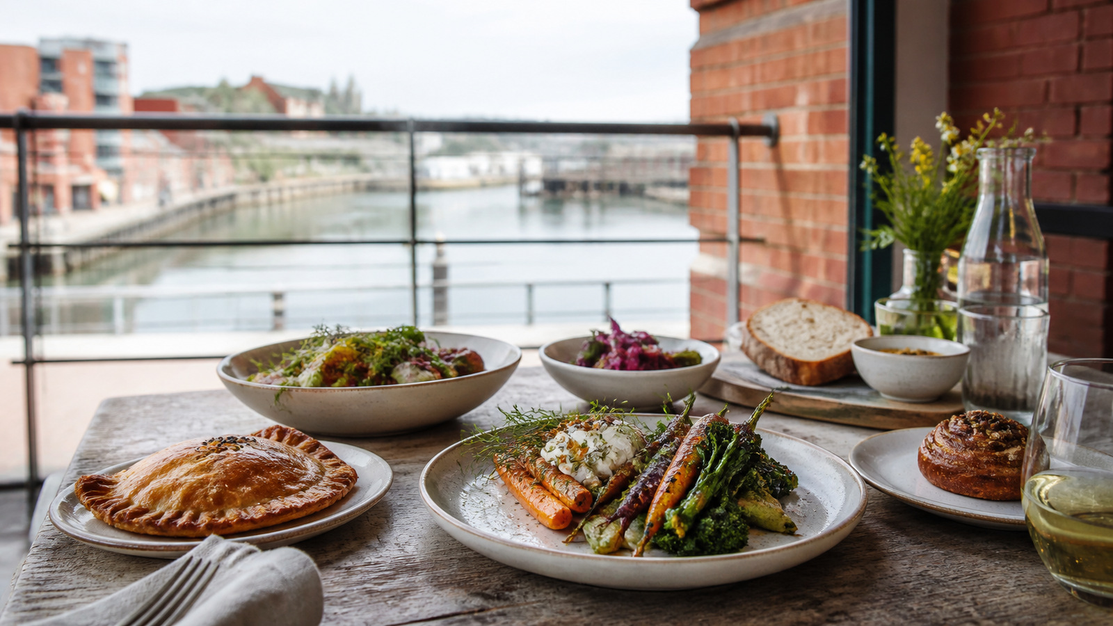 Representative Bristol-inspired table with seasonal vegetable plates, a savory pie, bread, and pastry beside an anonymous harbor