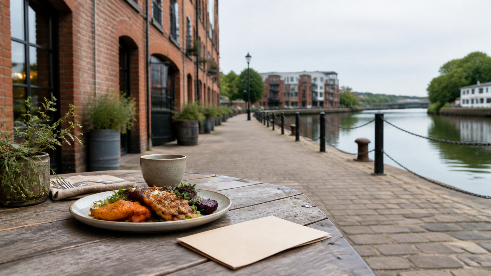 Representative Bristol-inspired harborside lunch table beside an anonymous brick waterfront walkway