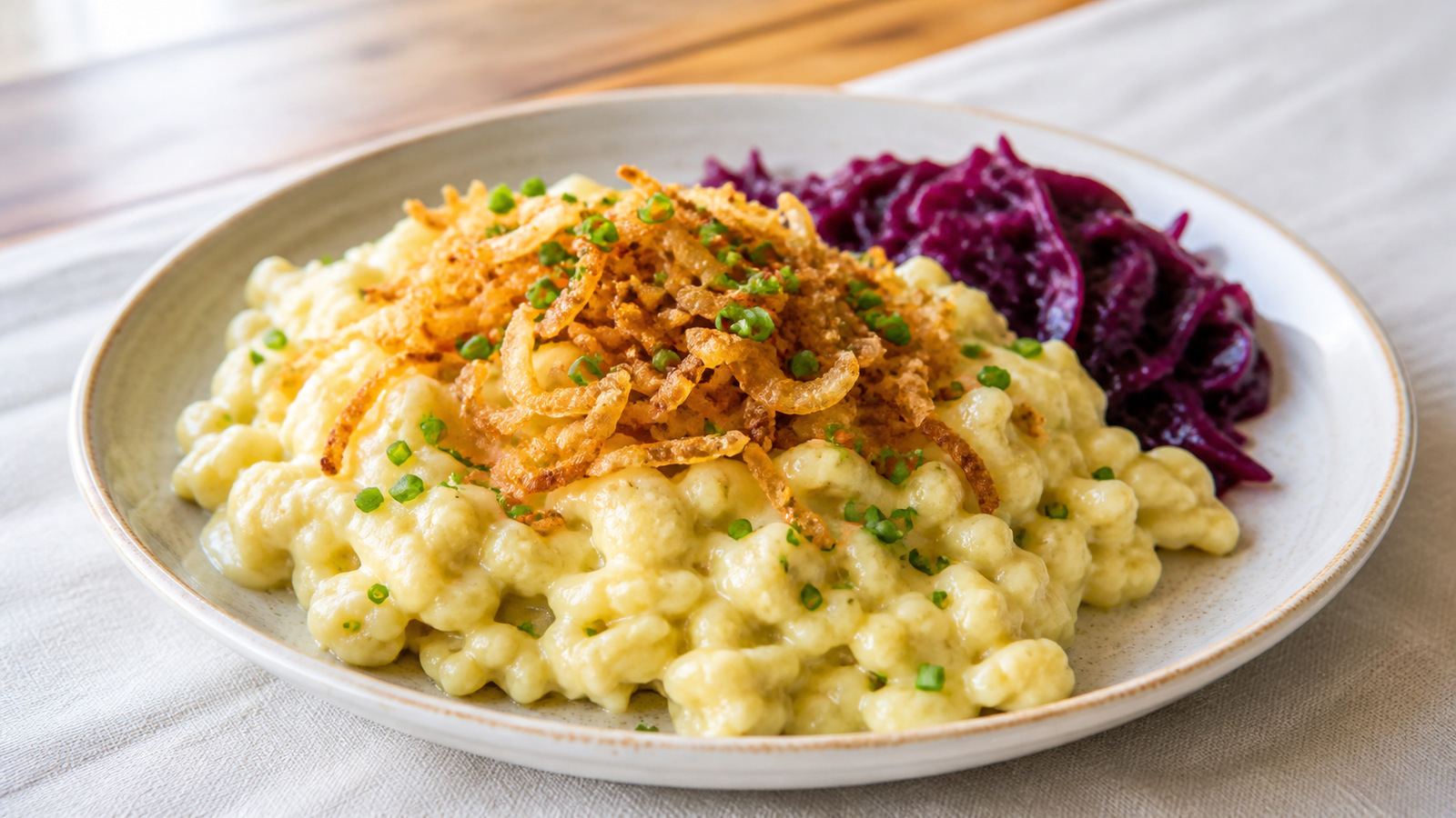 Representative kaes spaetzle with crisp onions and red cabbage