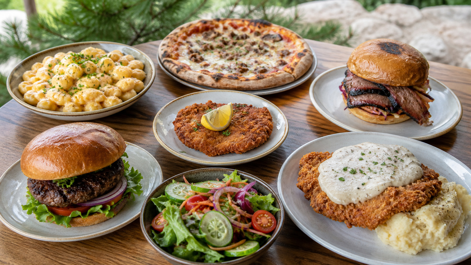 Representative Black Hills food spread with burgers, pizza, schnitzel, kaes spaetzle, and salad