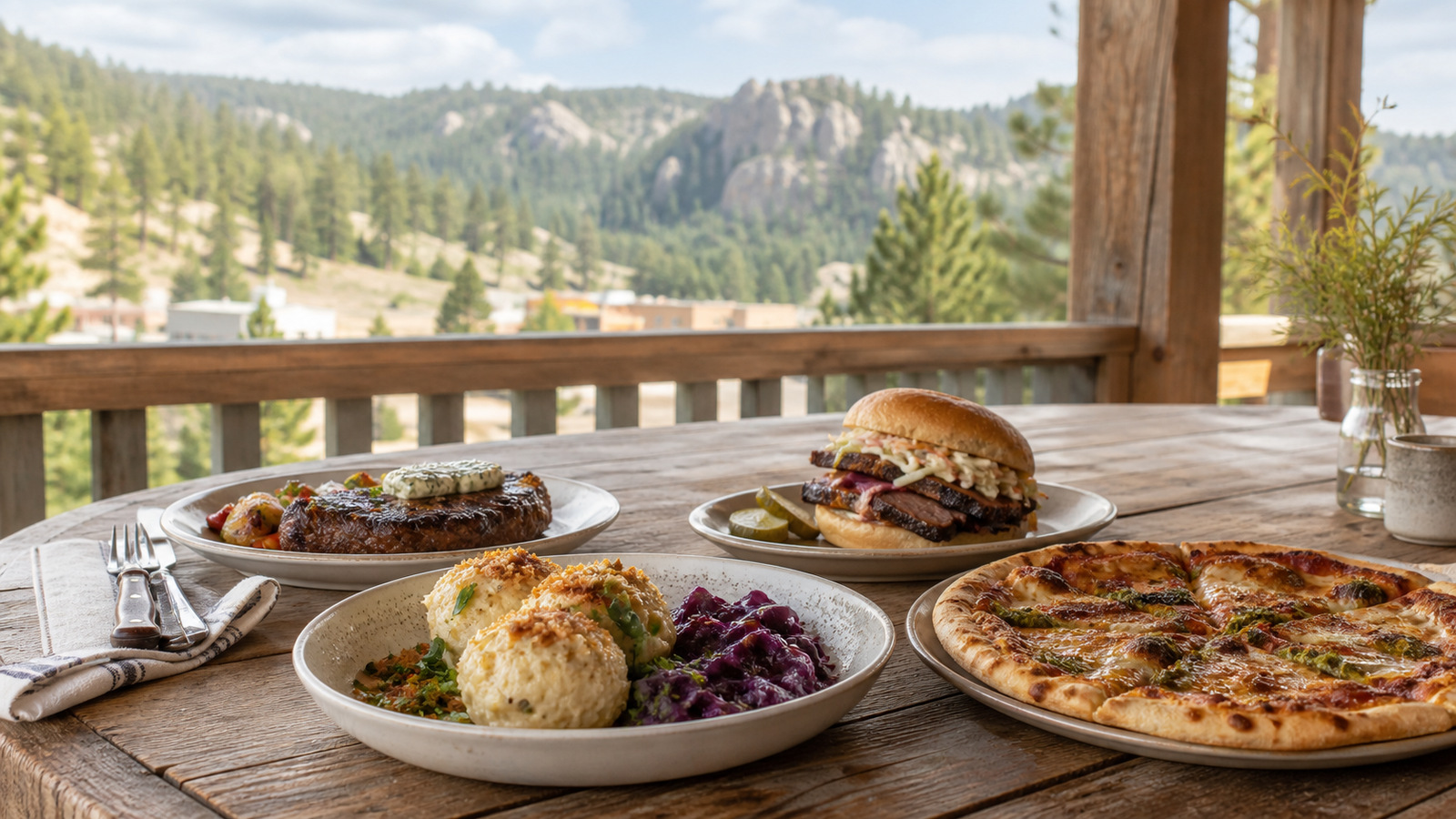 Representative Hill City food table with steak, a burger, kaes spaetzle, cabbage, and pizza against a Black Hills setting