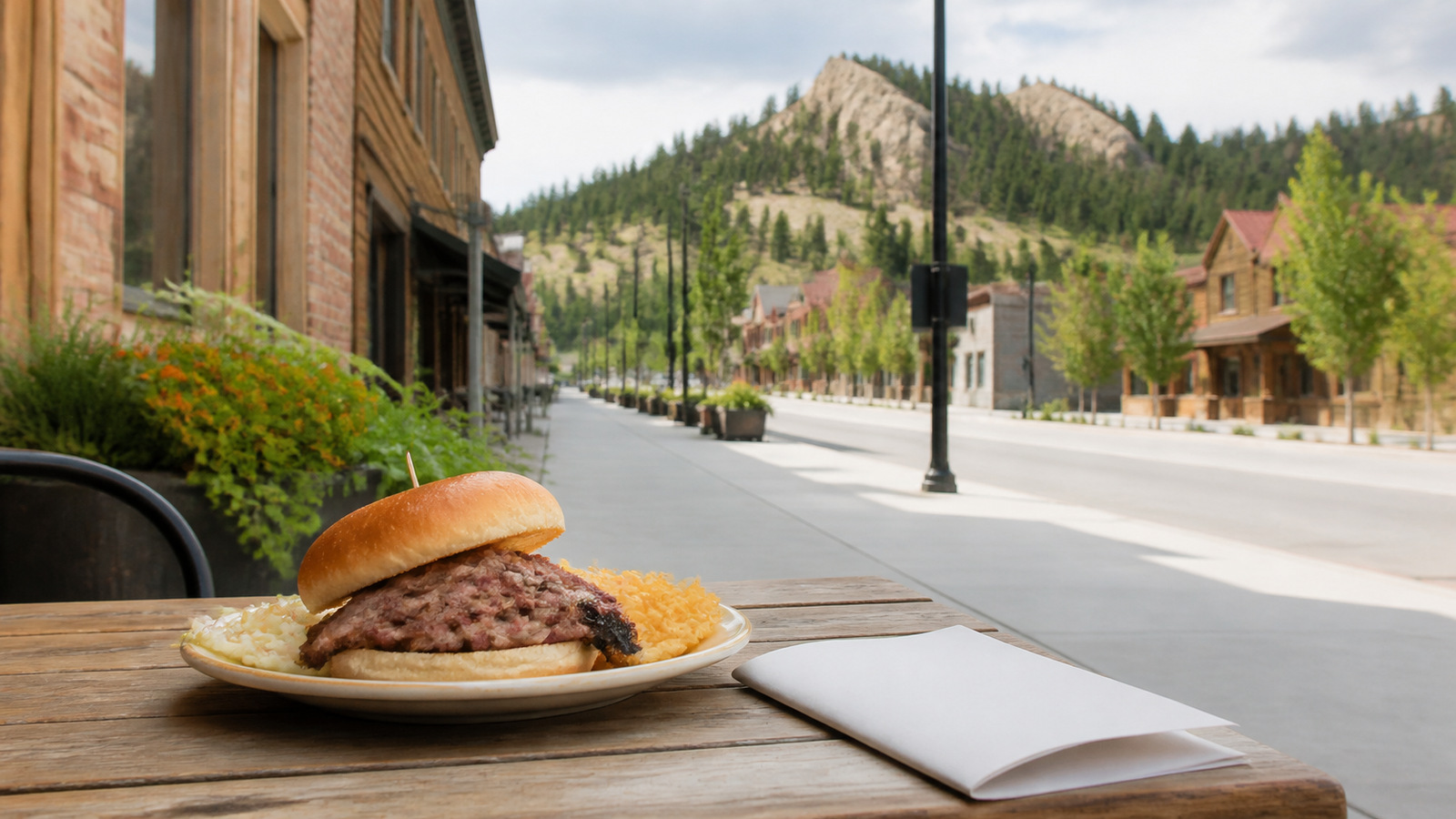 Representative Hill City Main Street dining table with a burger and side