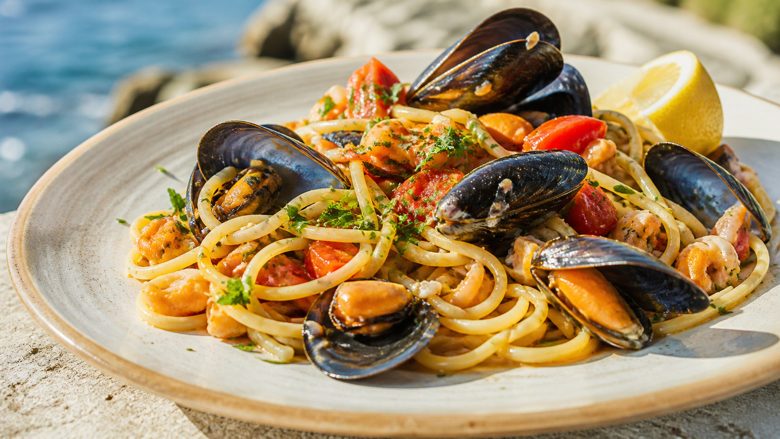 Representative Ischia inspired scene with seafood pasta with mussels and tomatoes on an unbranded plate