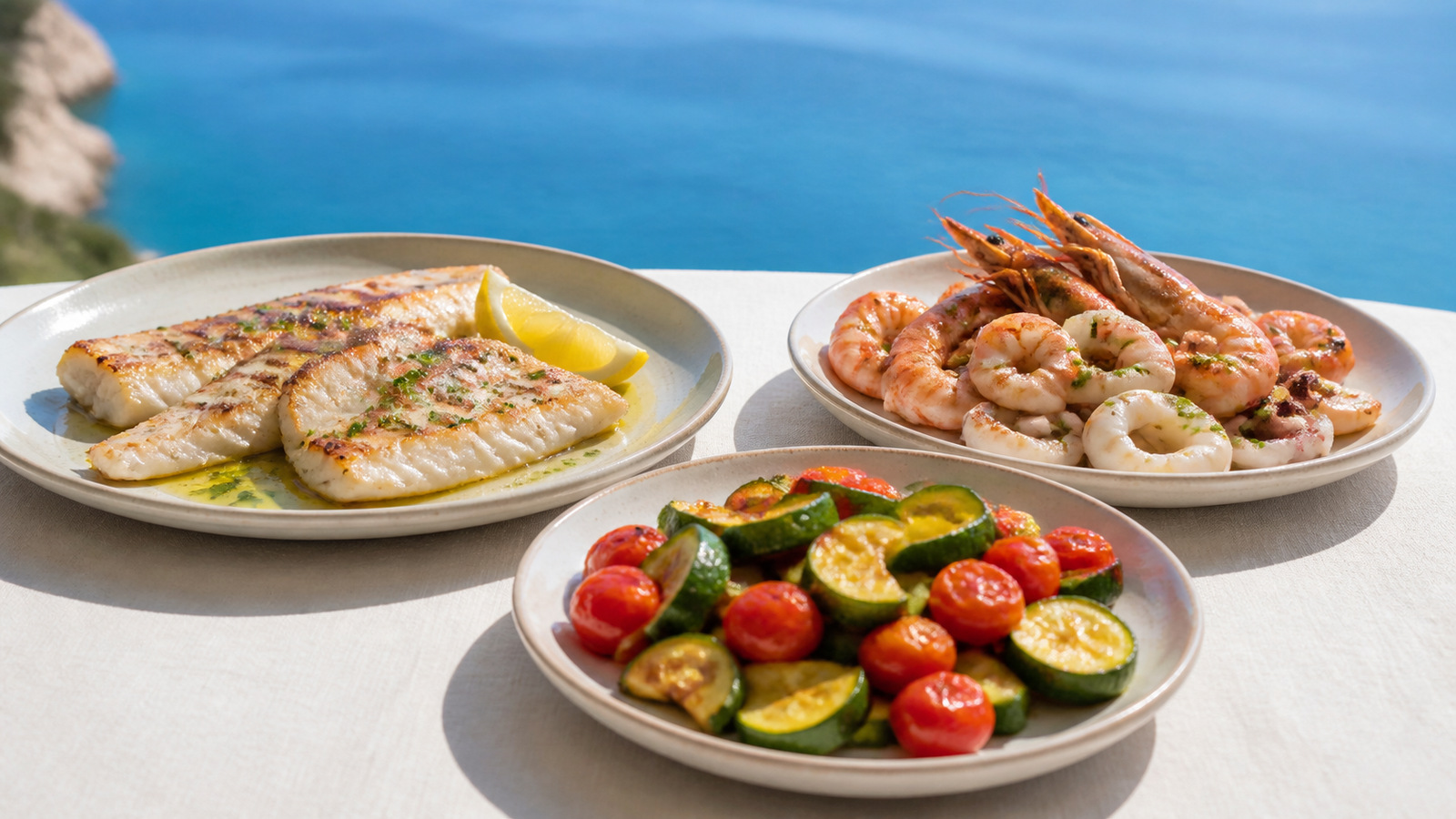 Representative Ischia inspired scene with Mediterranean fish, prawns, and vegetables on an anonymous table