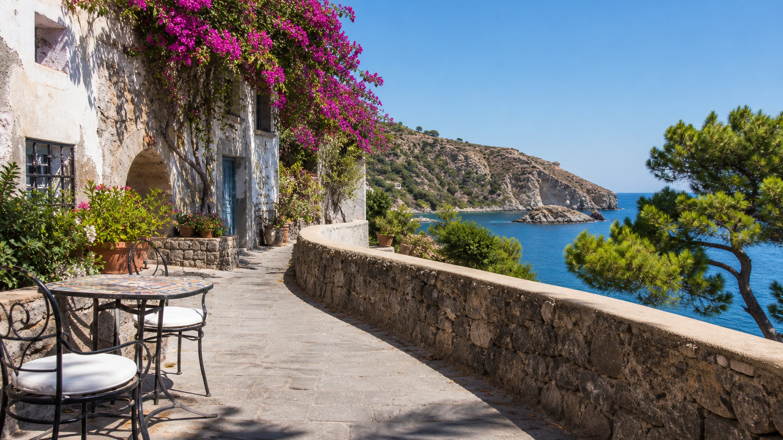 Representative Ischia inspired scene with a sunlit coastal terrace path with anonymous white buildings and sea