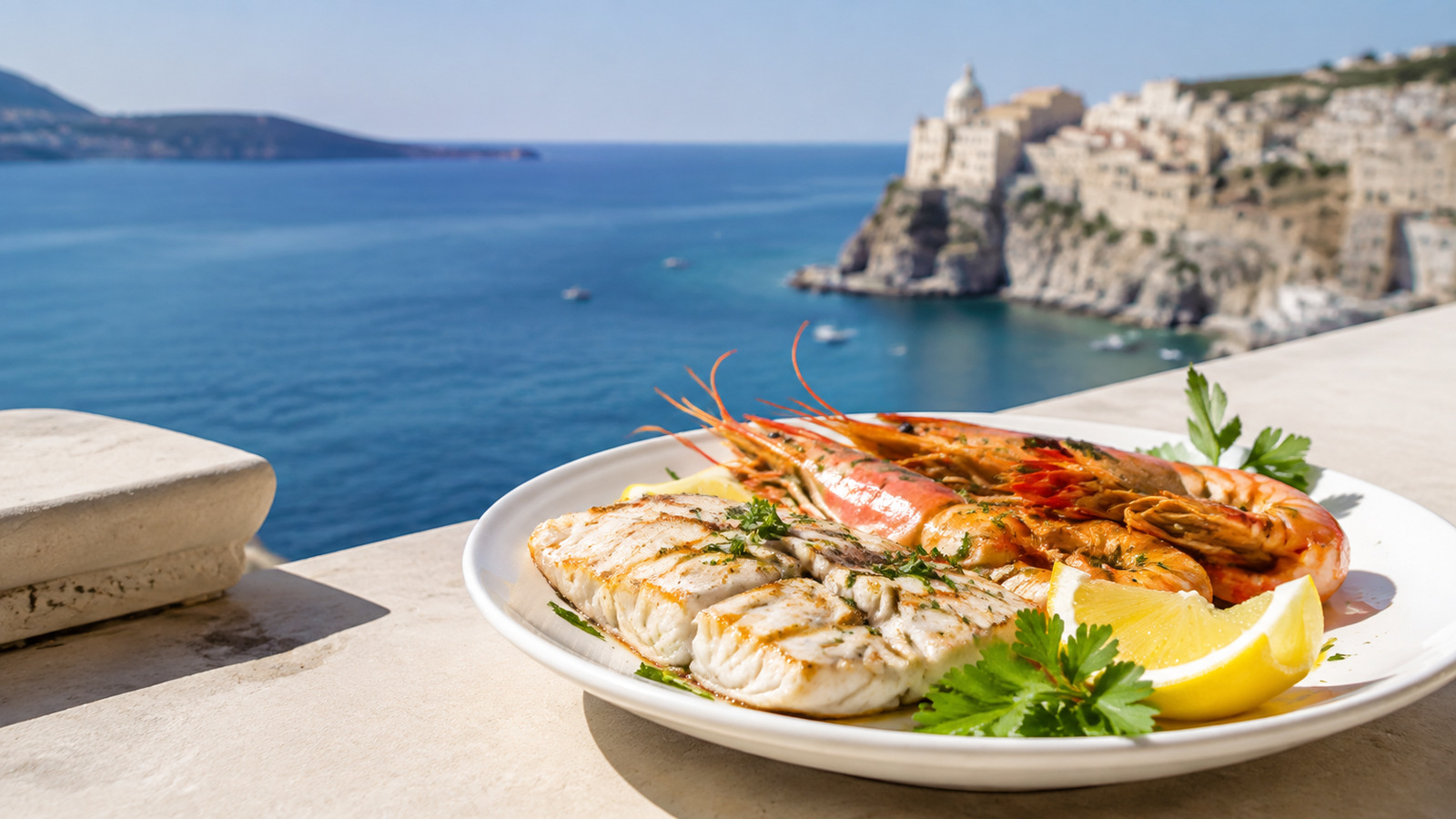 Representative Ischia inspired scene with grilled fish and prawns on an anonymous terrace above a Mediterranean coast