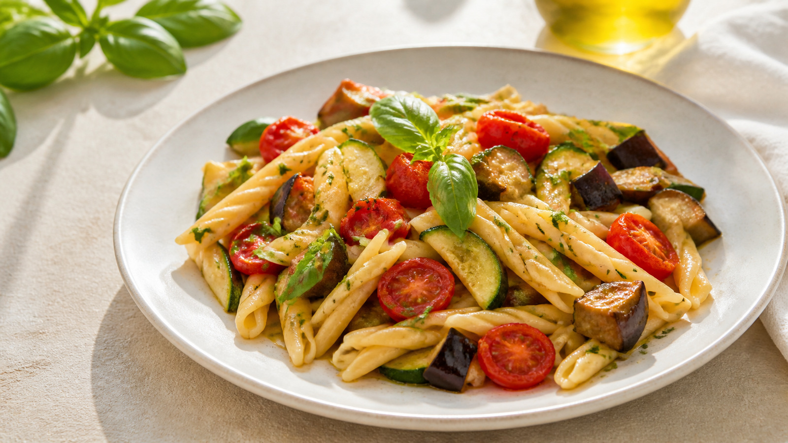 Representative Ischia inspired scene with vegetable pasta on an anonymous island inspired terrace