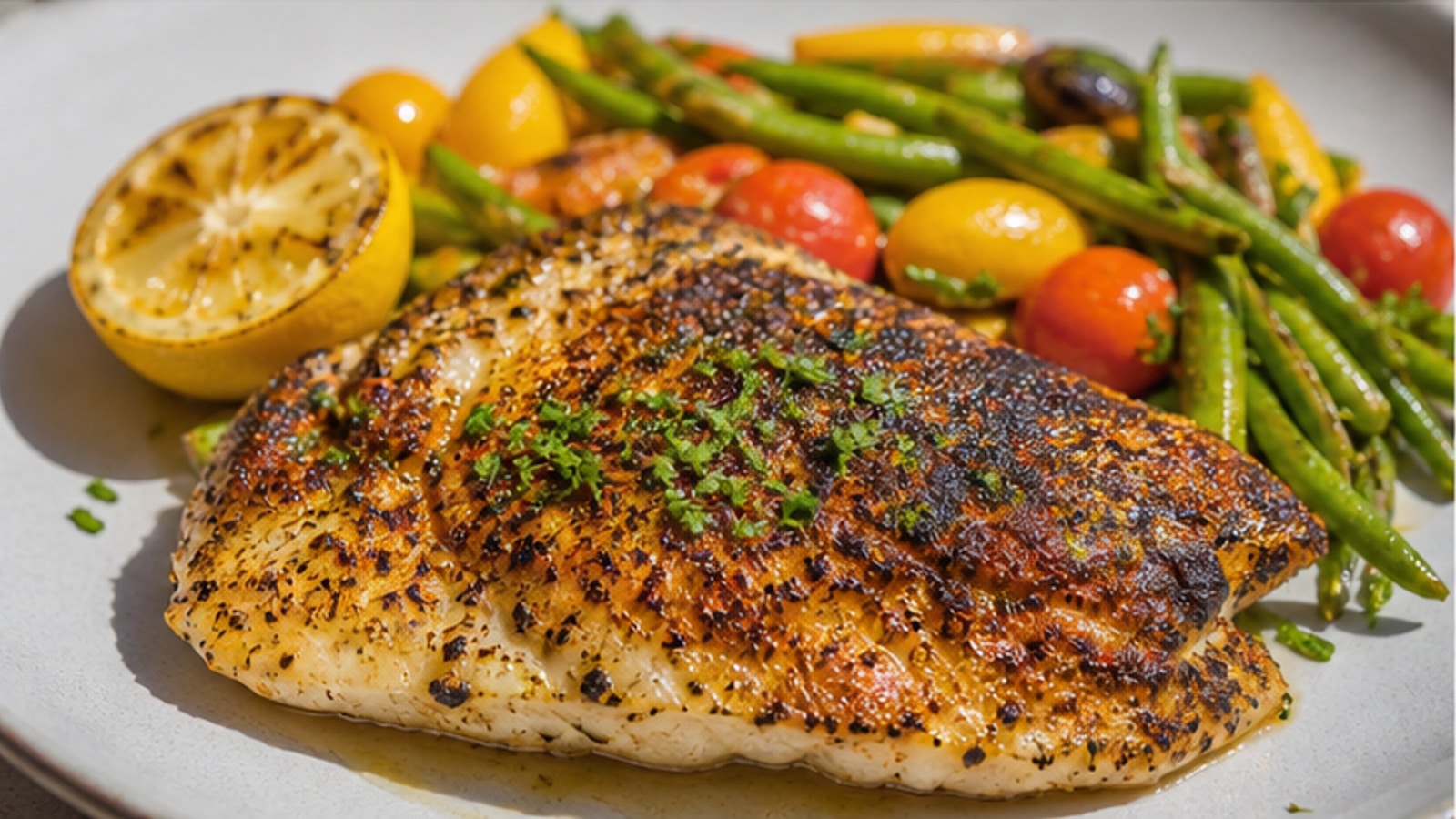 Representative blackened fish fillet with green beans, tomatoes, and grilled lemon