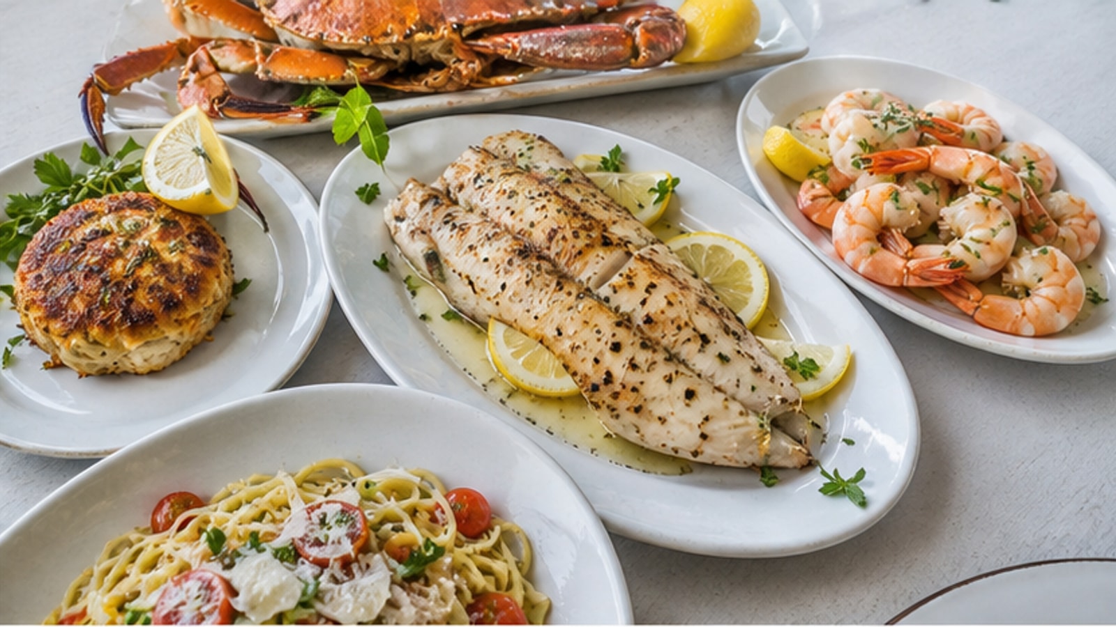 Representative Gulf seafood spread with a crab cake, grilled fish, shrimp, crab, and pasta