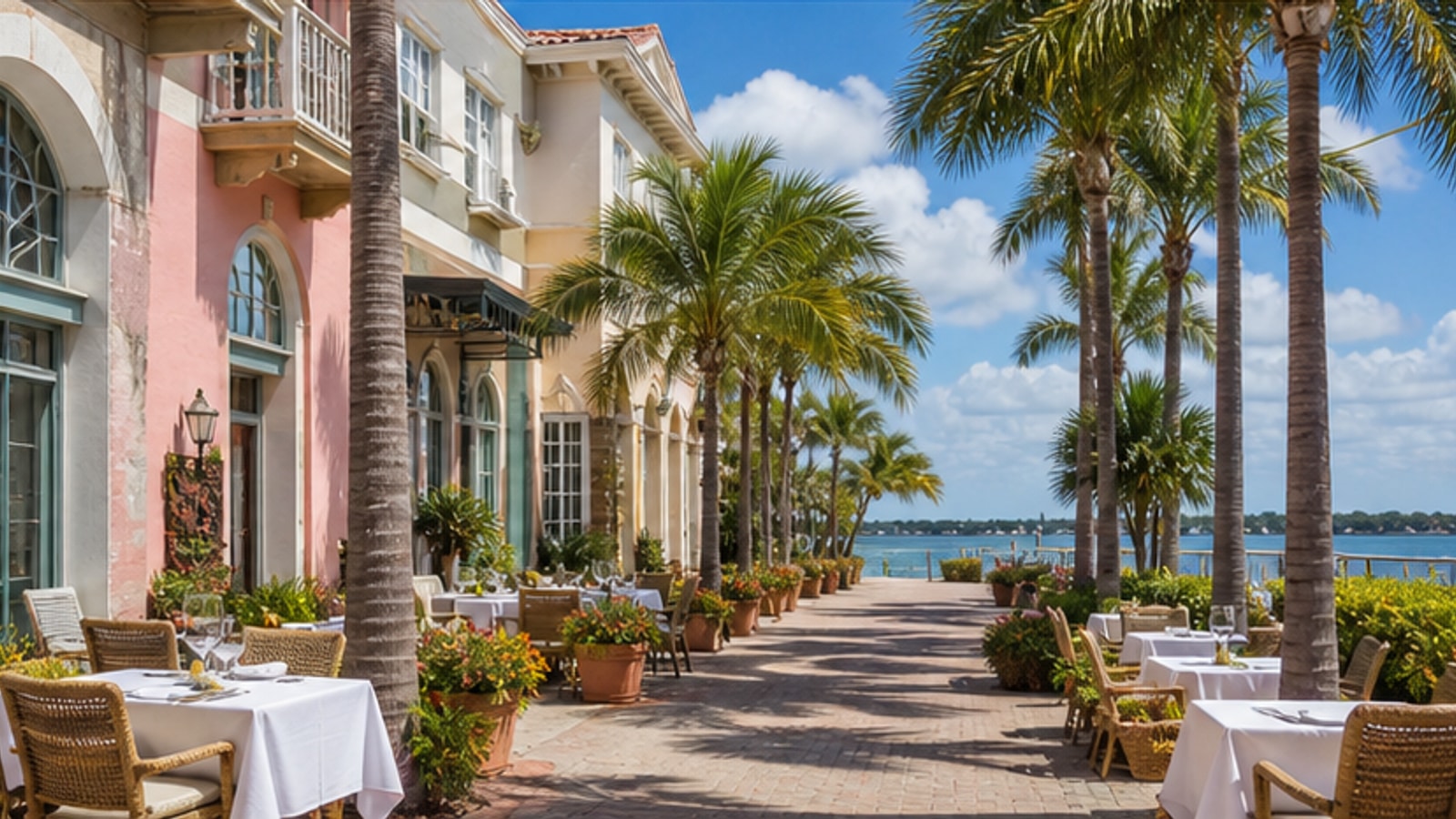 Representative palm-lined waterfront dining lane for a Naples guide