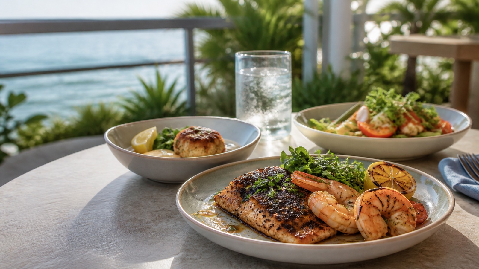 Representative Gulf seafood table with blackened fish, shrimp, a crab cake, and citrus
