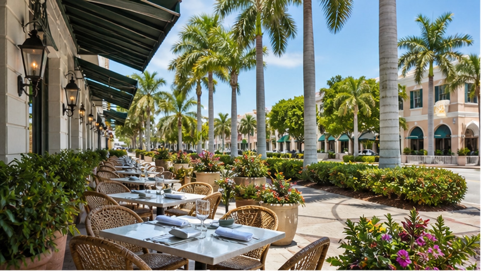 Representative palm-lined Florida dining street with shaded outdoor tables