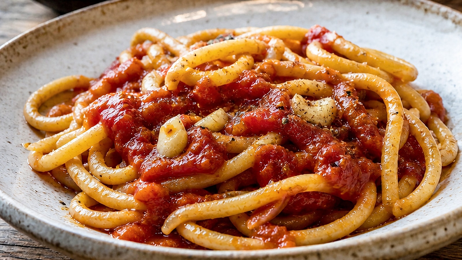 Representative pici-style thick pasta with tomato sauce in a ceramic bowl
