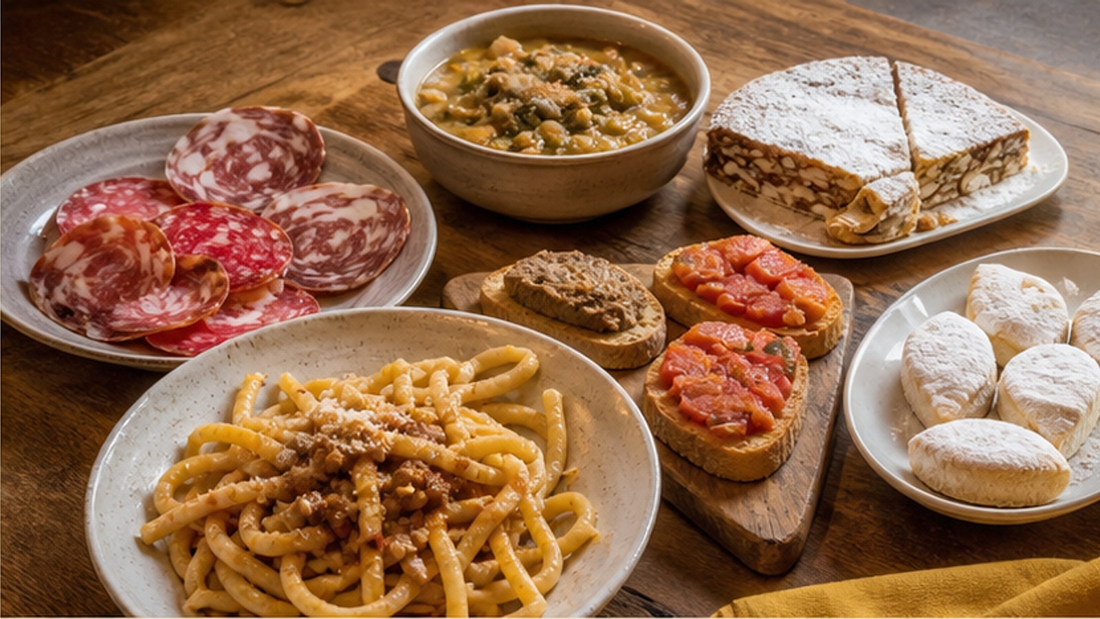 Representative Sienese spread with pici, salumi, ribollita, crostini, panforte, and ricciarelli