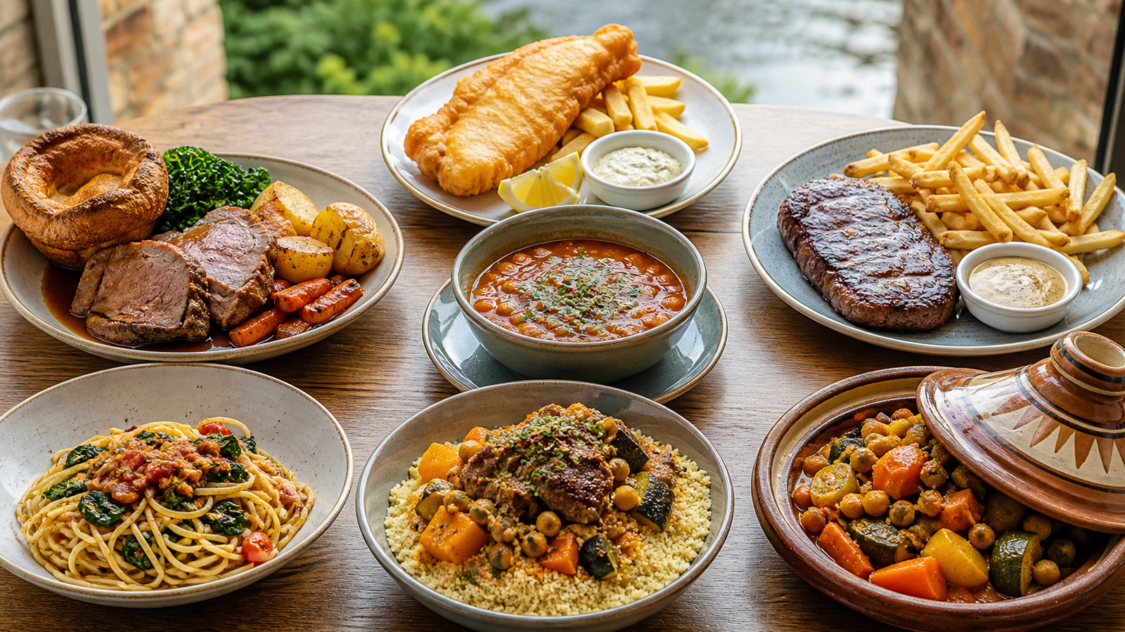 Representative Windsor food spread with a Sunday roast, fish and chips, steak frites, harira, couscous, and pasta