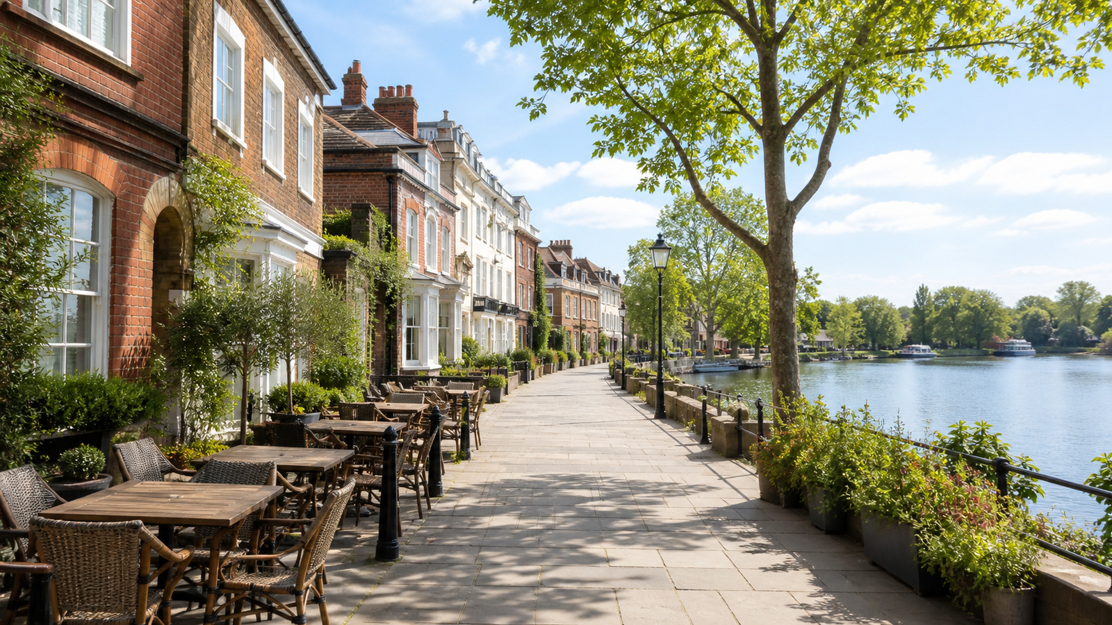 Representative Windsor riverside street with outdoor dining