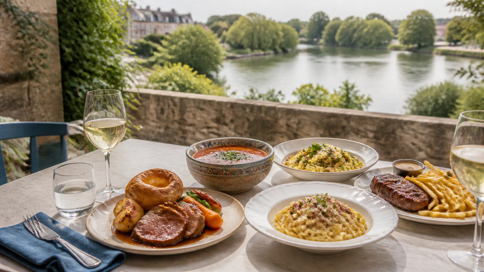 Representative Windsor riverside food table with a Sunday roast, steak frites, harira, and couscous