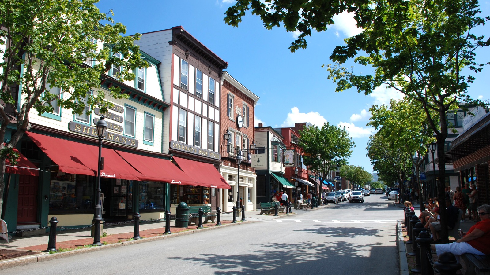 Sunny harbor and downtown Bar Harbor, Maine