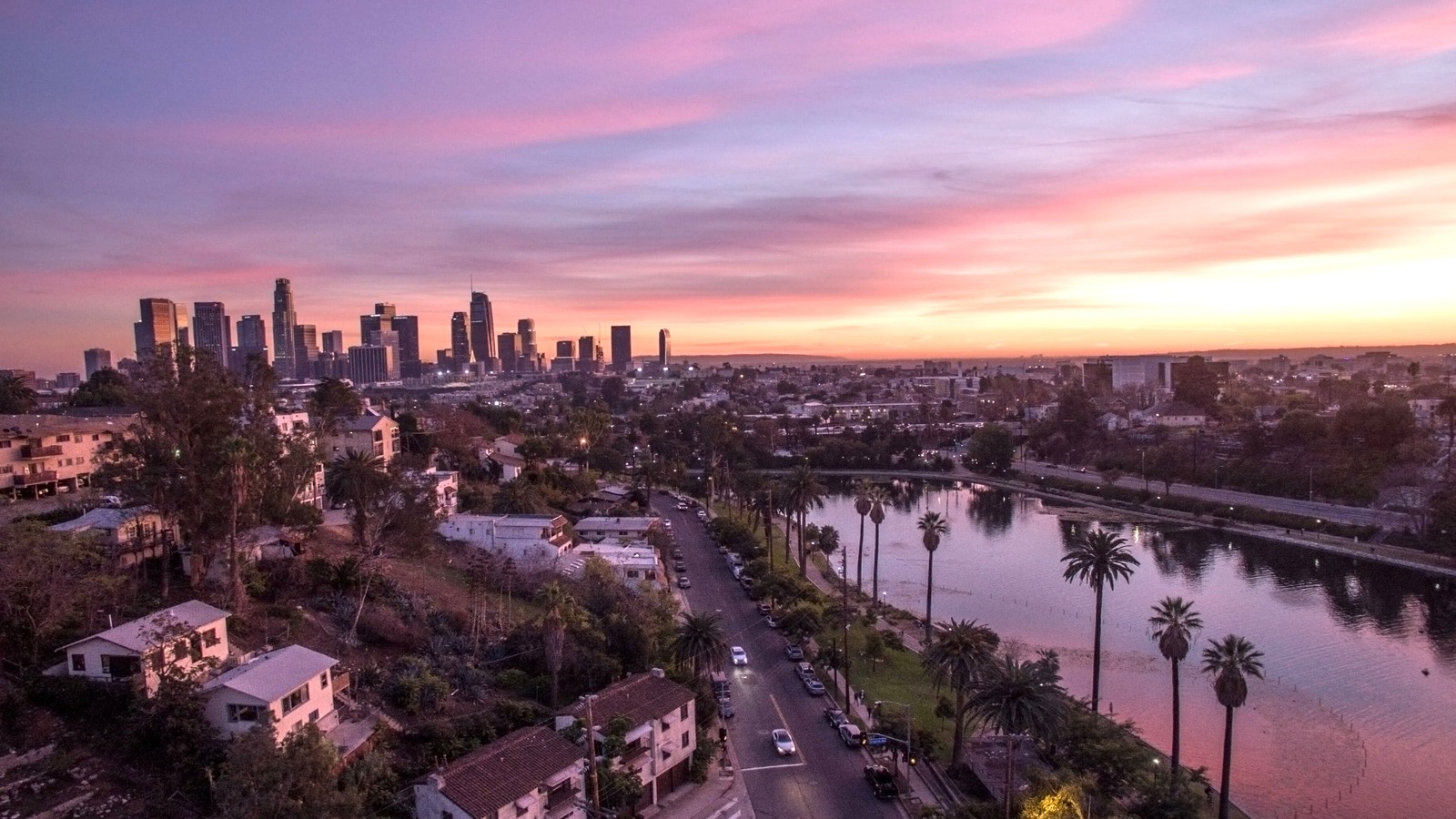Bright skyline view of Downtown Los Angeles