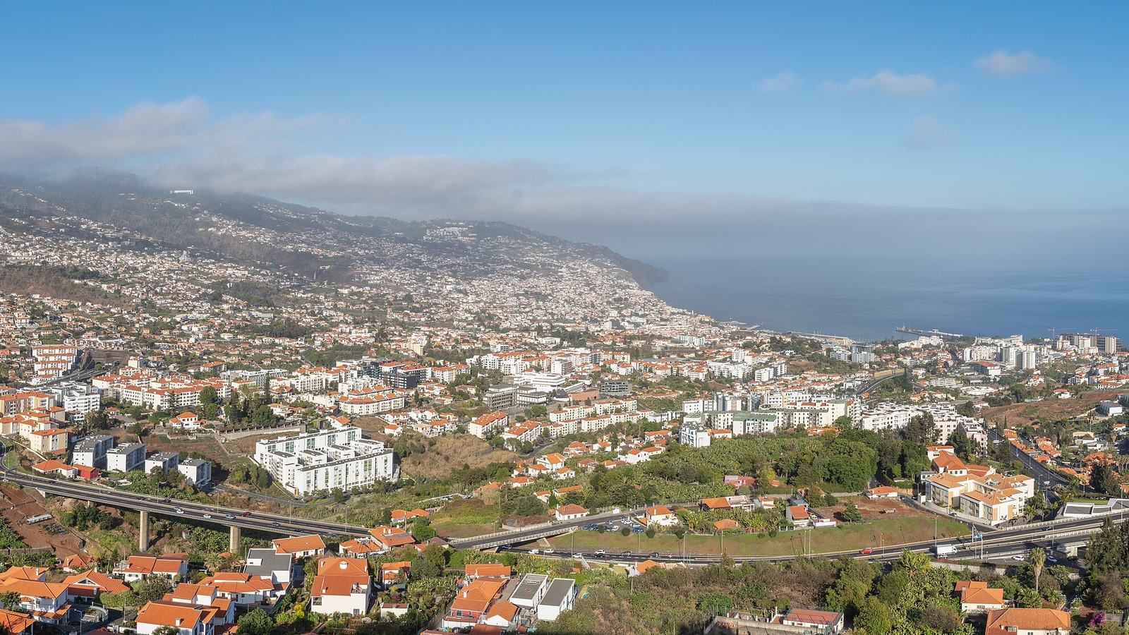Bright view across Funchal Old Town and harbor