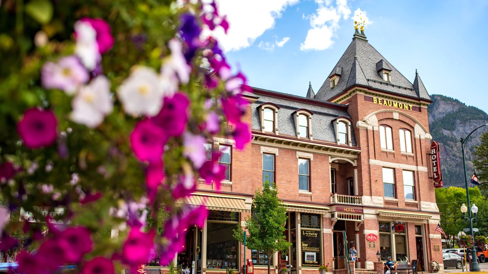 Beaumont Hotel and Main Street storefronts in downtown Ouray, Colorado