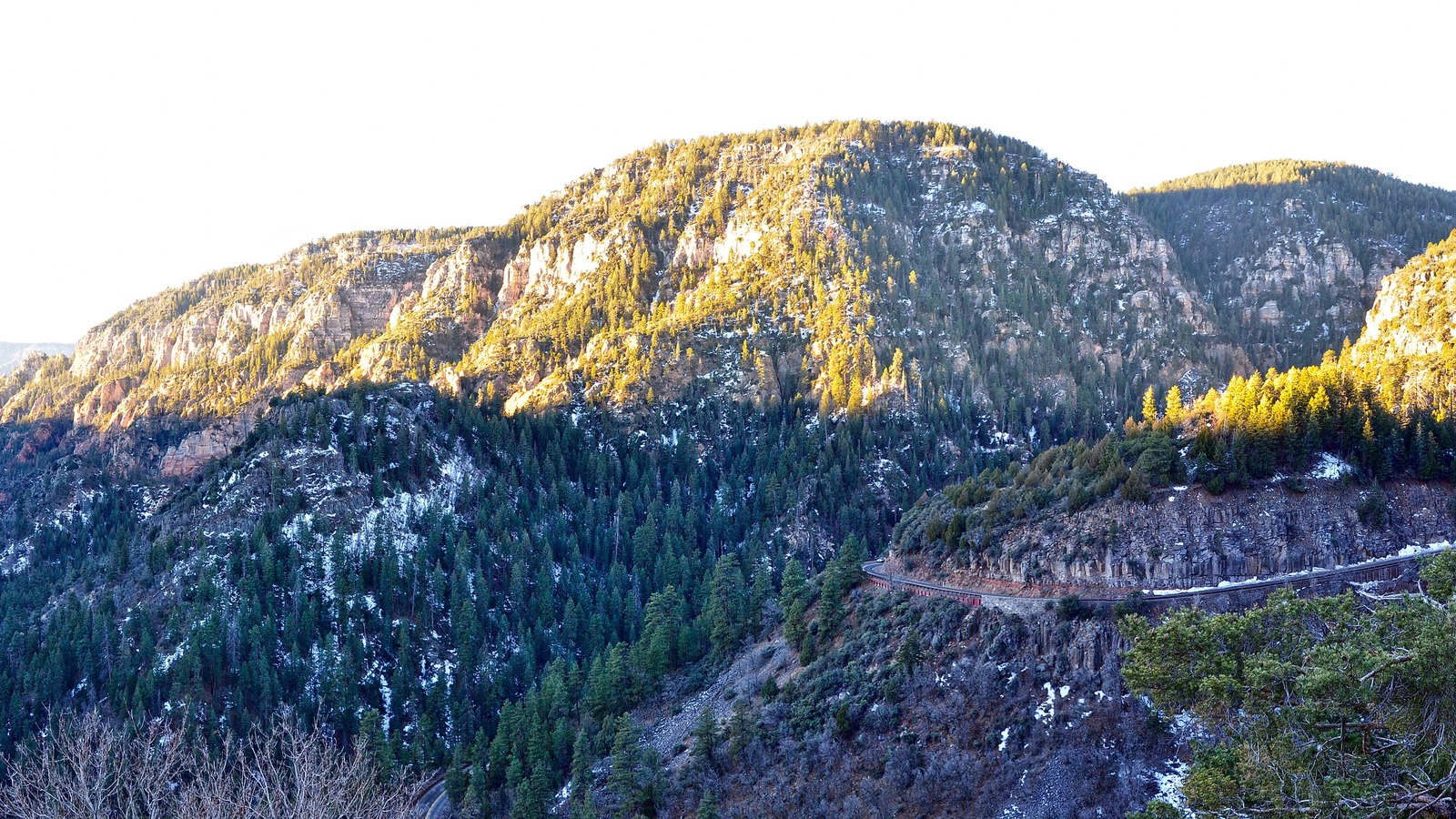 Forested slopes and rock walls in Oak Creek Canyon north of Sedona
