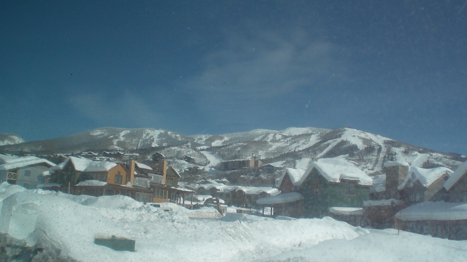 Winter lodging and ski slopes at Steamboat's mountain base