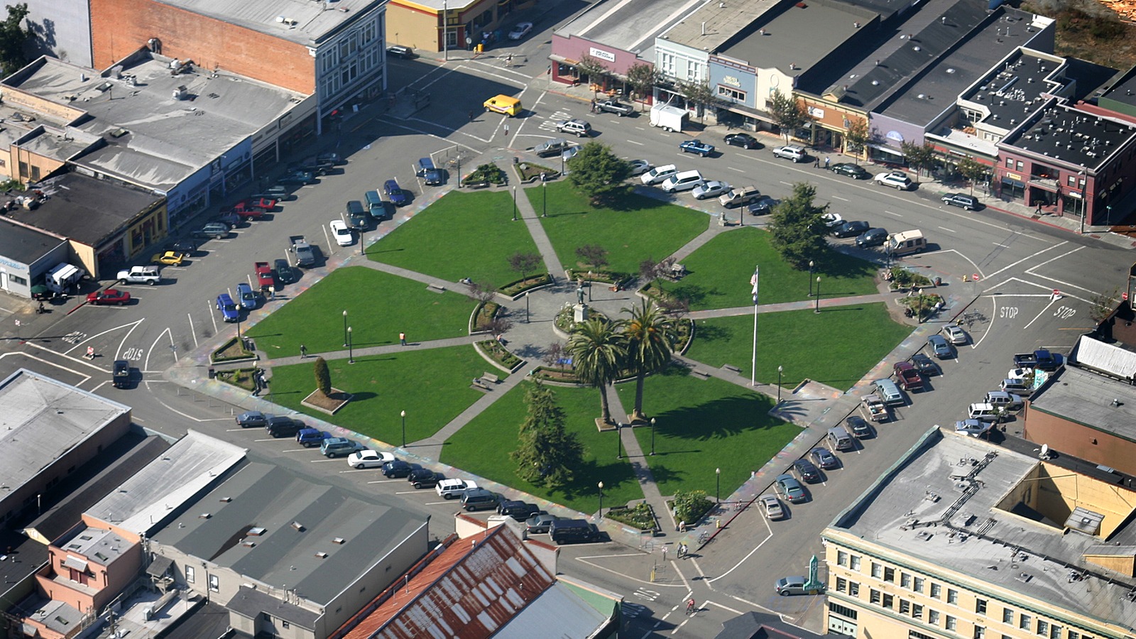 Bright Arcata Plaza near the northern California redwood coast