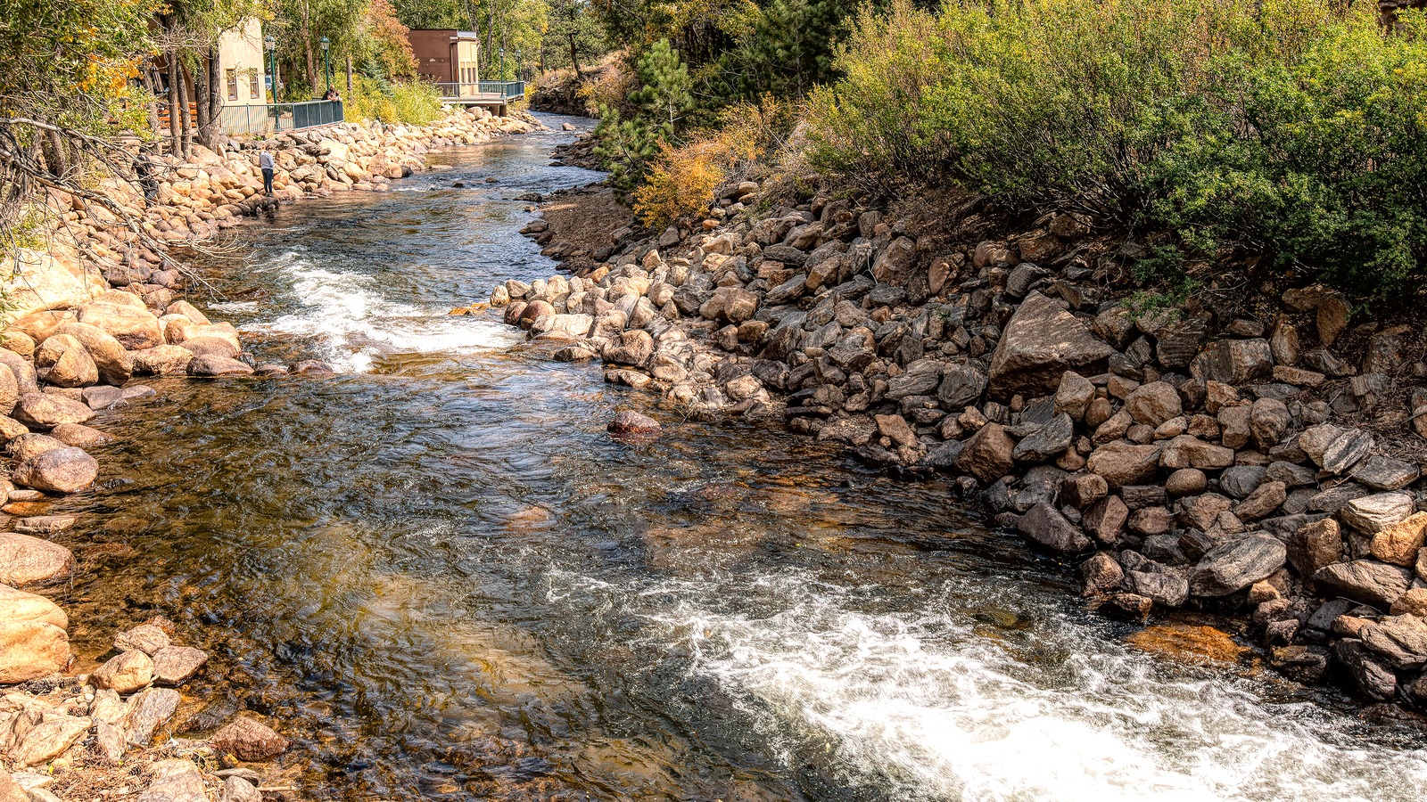 Sunny riverwalk and mountain view in downtown Estes Park