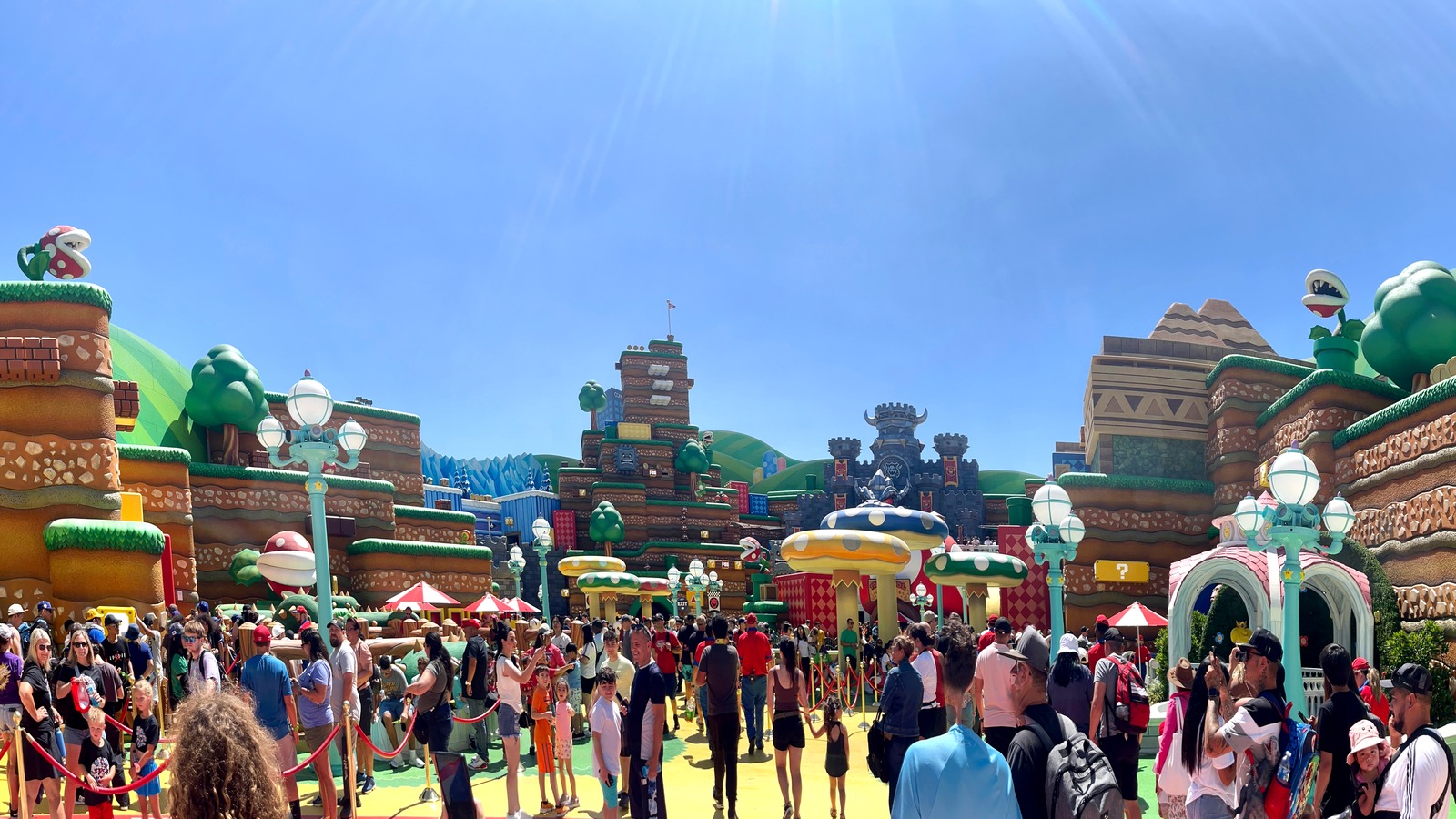 SUPER NINTENDO WORLD at Universal Studios Hollywood with the surrounding Los Angeles hills beyond.
