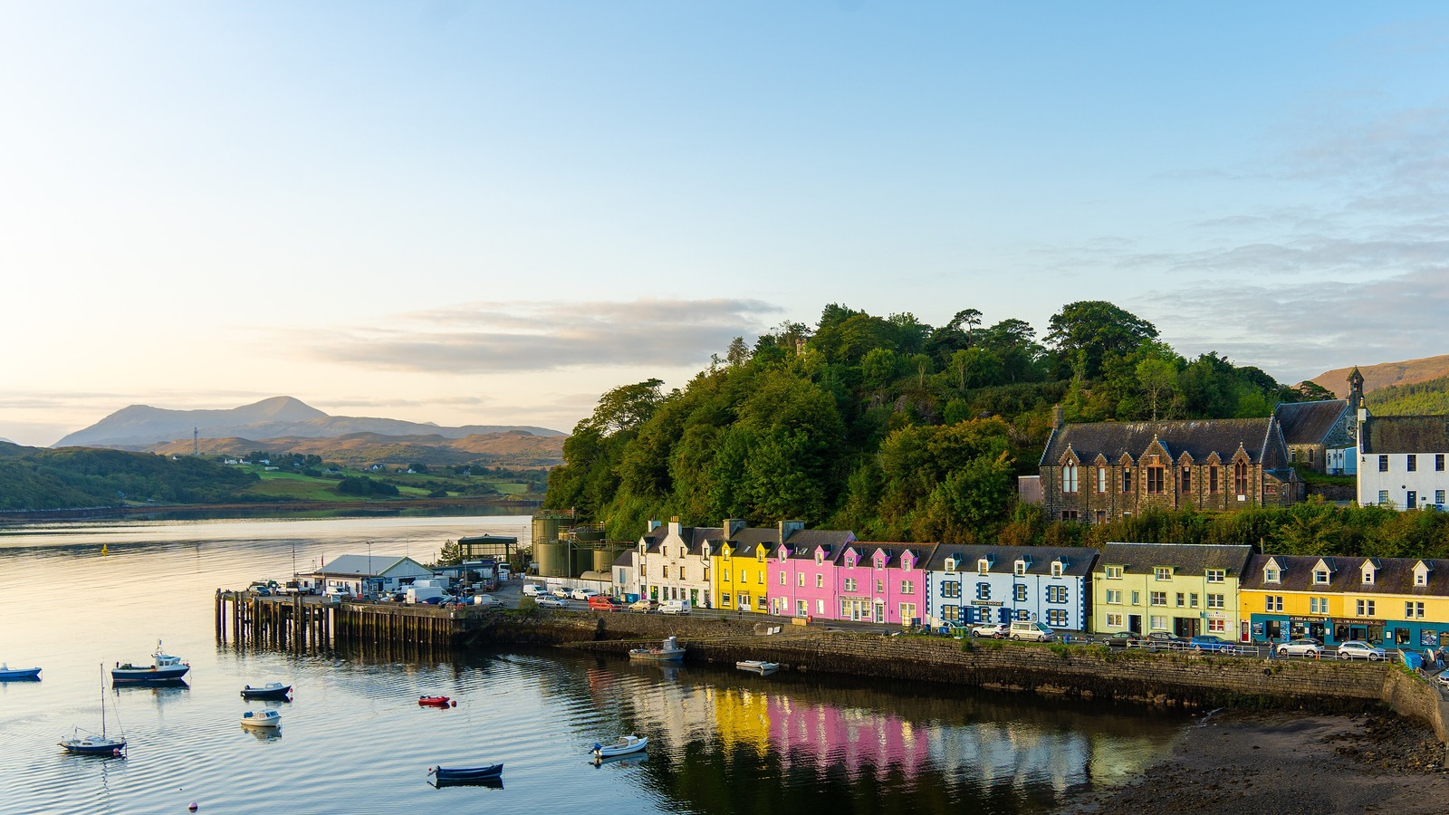 Colorful harbor buildings in Portree on the Isle of Skye